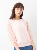 袖チュール刺繍トップス 7分袖/クロ/クロ