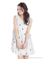 ネコ柄Aラインワンピース/グレー