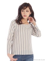 マルチストライプウエストリボンブラウス/ベージュ