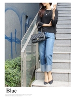 裾折り返しデニム ワイドパンツ ストレートジーンズ/ブルー