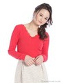 レースネックリブTシャツ/レッド