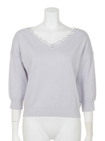 Vネックレースシンプルニット/ピンク