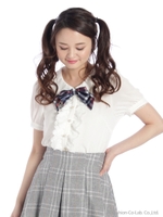 フリルリボン半袖ブラウス/レッド