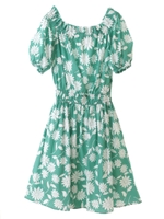 【ワンピース】フラワープリントバルーン袖オフショルダー2wayワンピース/サーモンピンク