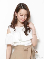 オープンショルダーフロントラッフルブラウス/ブラック