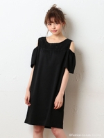 レース切替オープンショルダーカットワンピース/ブラック