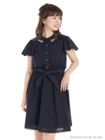 コットンレースピュアシャツワンピース/ネイビー