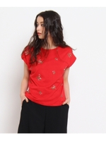 小花刺繍フレンチスリーブカットソー/レッド(162)