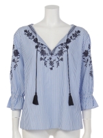 エンブロイダリー６分袖ブラウス/ストライプ