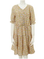 Vネックフラワーギャザーワンピース/ネイビー