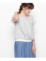 ストライプオンチェック裾タックブラウス/ネイビー(393)