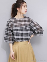 シルク混チェックブラウス/ブラック