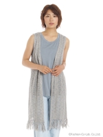 透かし編みニットフリンジロングベスト ノースリTOP付/ピンク