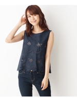 〔洗える〕スカラップコットンレースブラウス/ブルー系(094)