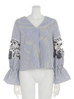 幅広ケミカルレースボリューム袖ブラウス/ネイビー