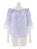 ストライプ柄5分袖レースブラウス/ホワイト