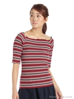 マルチボーダー5分袖プルオーバーカットソー/ワイン