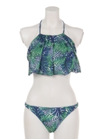 ヤシ柄ハイネックトップス付ビキニセット/ミドリ