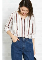 ウォッシャブルビエラVネックブラウス/ボルドーストライプ1(071)