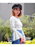 【CHILLE】袖フレアリブボーダートップス/ホワイト/ブラック(058)