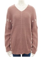 レースアップVネックニット/ダスティーピンク