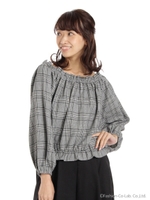 グレンチェックボリューム袖ブラウス/ワイン