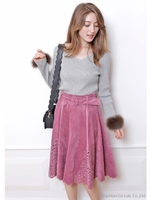 スエード刺繍フレアスカート/ピンク