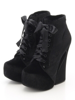 【JEFFREY CAMPBELL】デザインヒールベロアレースアップショートブーツ/ブラックベロア