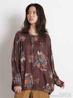 ゴブランフラワープリントブラウス/ブラウン