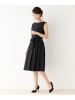 【洗える】ウエストリボン付ノースリーブタックワンピース/ブルー系(094)