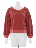 刺繍入りシルケットカットソー/ピンク