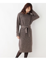 【洗える】ウエストリボン付きヘザーニットワンピース/ベージュ系(454)