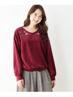ベロア調前後Vネック刺繍カットソー/ワインレッド(063)