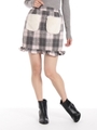 ファーポケット付チェックスカート/ブラウン
