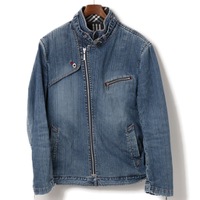 チェック切替ウォッシュド加工デニムライダースジャケット L バーバリーブラックレーベル 74091 BURBERRY BLACK LABEL ブルー メンズ
