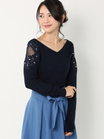 肩フラワー刺繍ニット/ネイビー