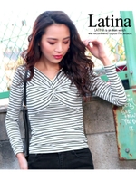 【Latina】ツイストVネックボーダートップス/ブラック(027)