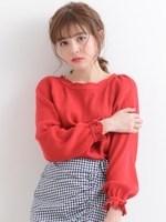袖口フリルリブニット/レッド
