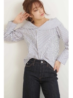 デコルテブラウス/ホワイト×ブルーストライプ2(112)