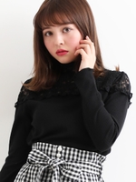 シャーリングレースリブトップス/ブラック
