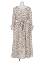 レトロフラワーフレアワンピース/ベージュ