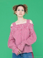 checkred off shoulder blouse/RED