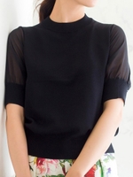 シフォン5分袖ニットプルオーバー/ブラック