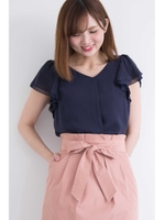 ラッフルスリーブシフォンブラウス/ネイビー(120)