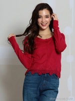 裾レース切替カーディガン/ピンク