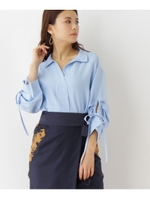 袖コンシャススキッパーブラウス/サックス(090)