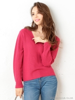 Vネック脇スリット畦ニットTOPS/ピンク