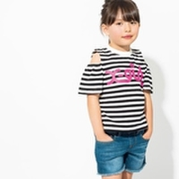 ロゴ入り肩開きボーダー柄Tシャツ