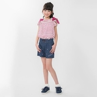 肩リボンつきボーダー柄オフショルダーTシャツ