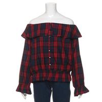 【34%OFF】チェック柄オフショルダーブラウス